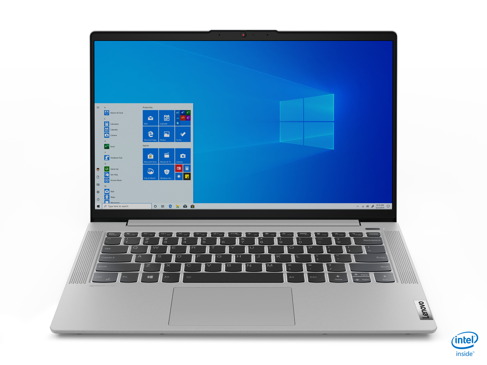 Portátil plateado, abierto, sobre blanco. La pantalla muestra el escritorio de Windows. Logotipo Intel Inside.