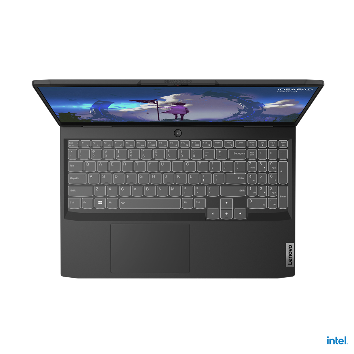 Schwarzer Laptop, geöffnet mit sichtbarer Tastatur, zeigt Spielszene.