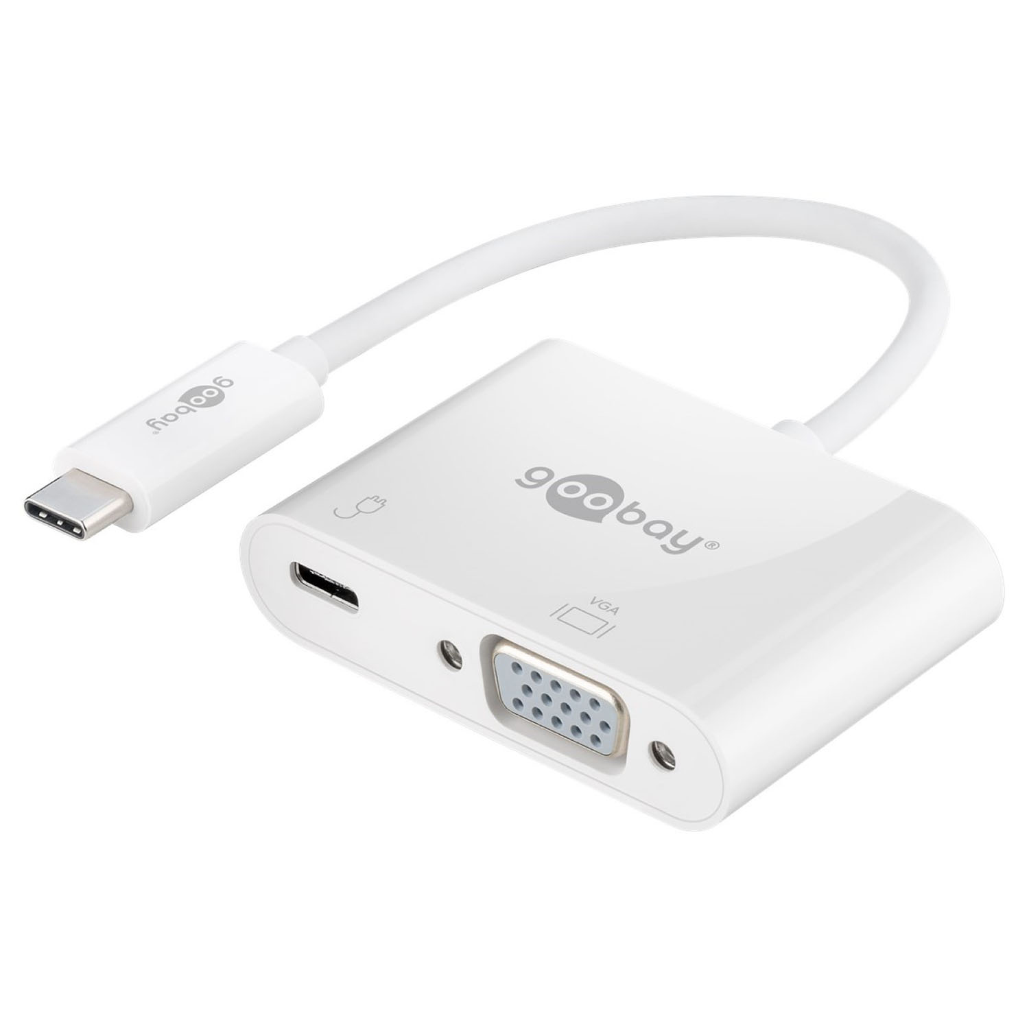 Weißer USB-C-zu-VGA-Adapter. Hat einen USB-C-Anschluss, einen VGA-Anschluss und ein Logo.