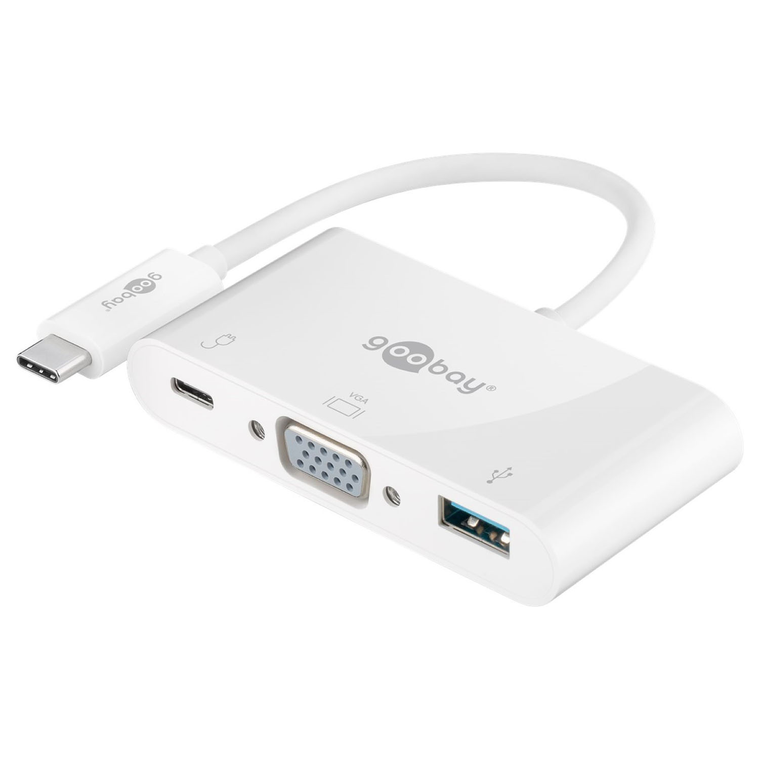 Ein weißer USB-C-Adapter mit mehreren Anschlüssen. Der Adapter befindet sich auf einer weißen Oberfläche.