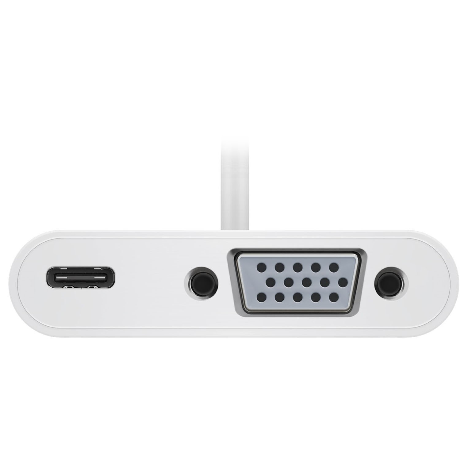 Weißer Adapter mit USB-C-Anschluss, zwei Audioanschlüssen und VGA-Anschluss.