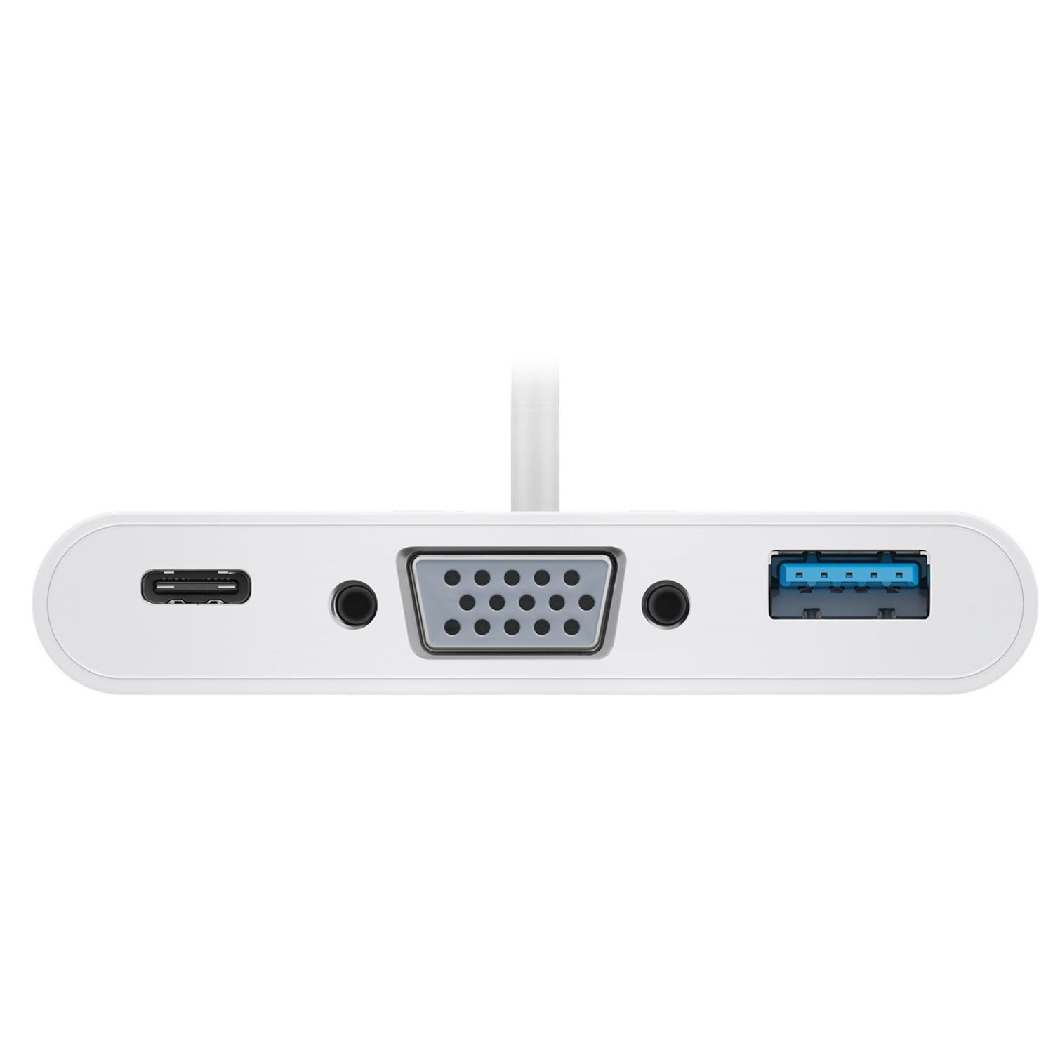 Weißer Adapter mit mehreren Anschlüssen: USB, VGA und zwei Audioanschlüsse. Links ein USB-C-Anschluss.