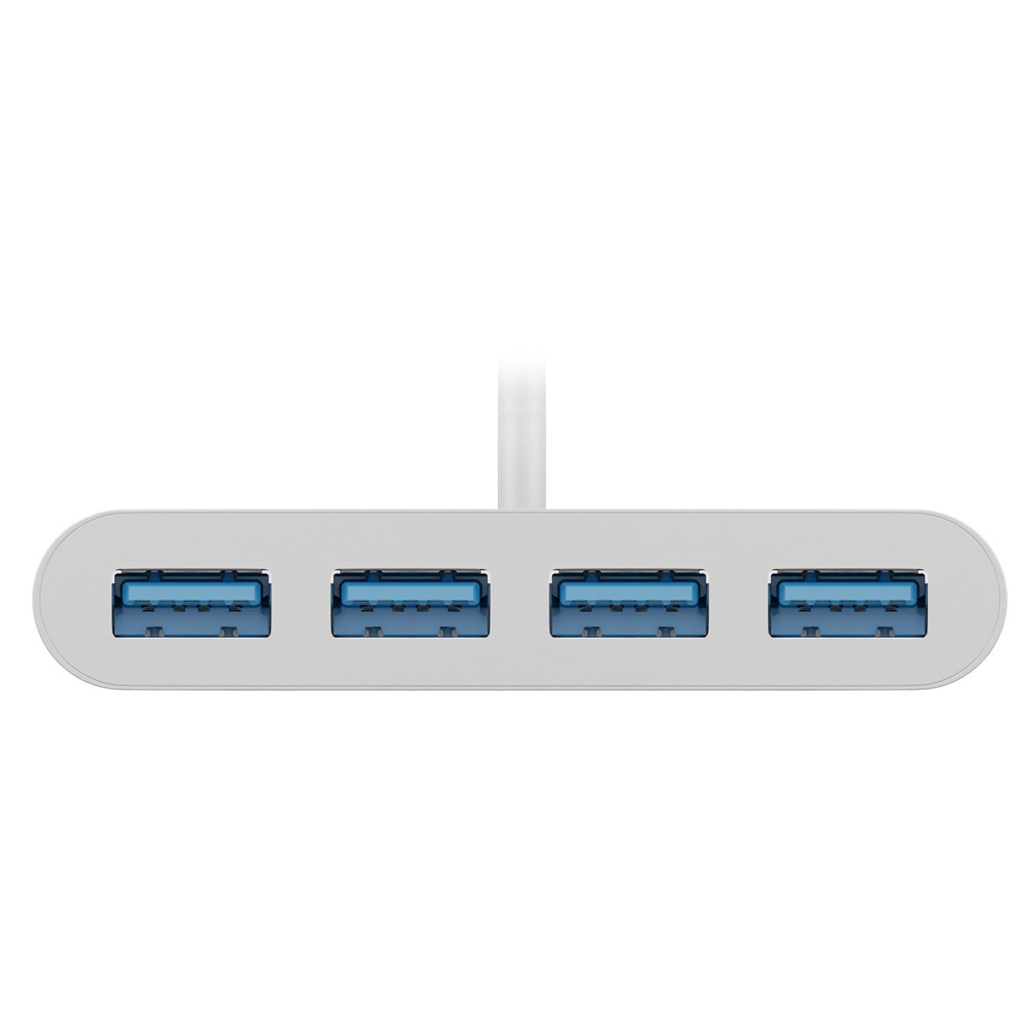 Silberner USB-Hub mit vier blauen USB-Anschlüssen, vor weißem Hintergrund.