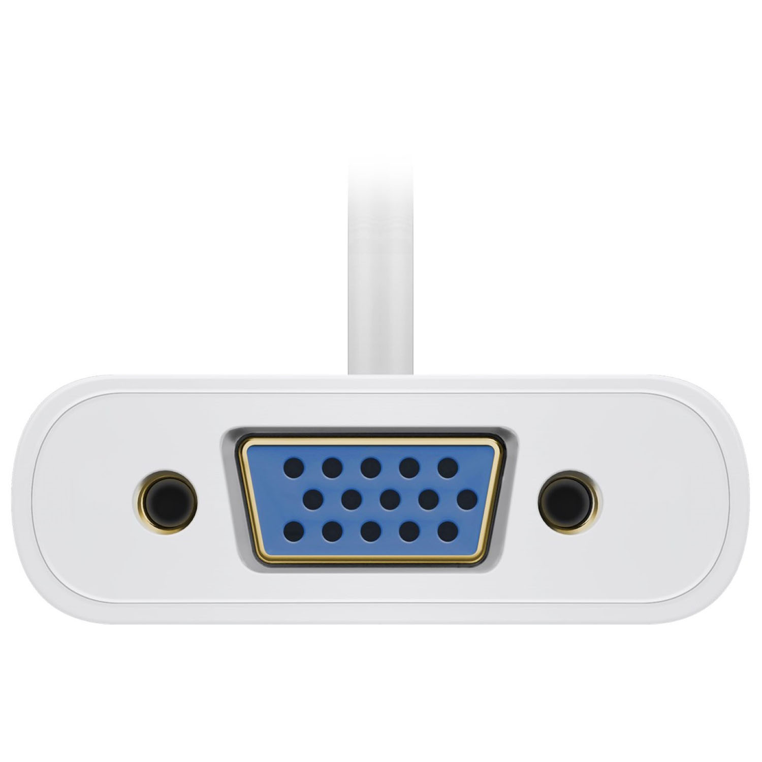 Ein weißer Stecker mit blauem VGA-Anschluss und zwei seitlichen Audioanschlüssen.