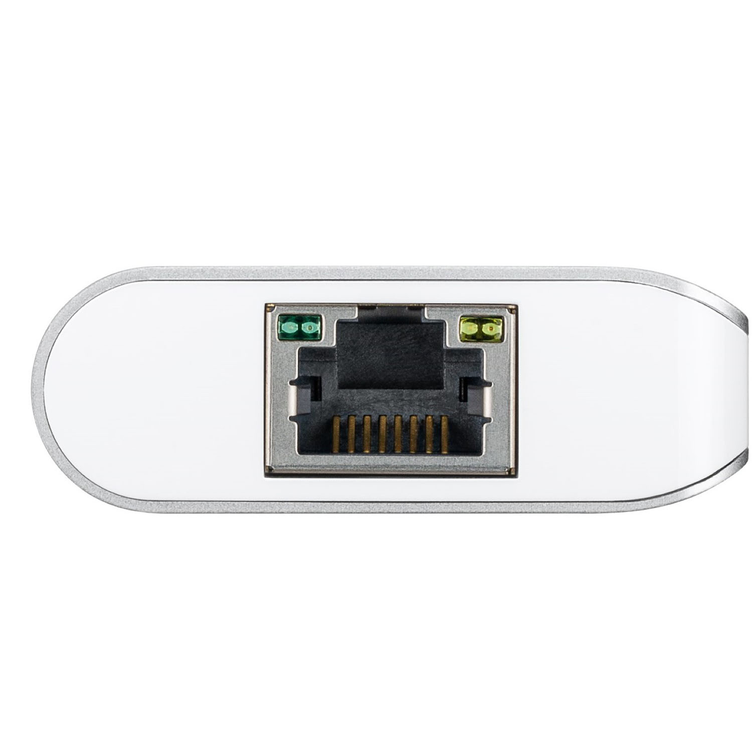Porta ethernet argento e bianca. Interno nero, indicatori verdi. Sfondo bianco.
