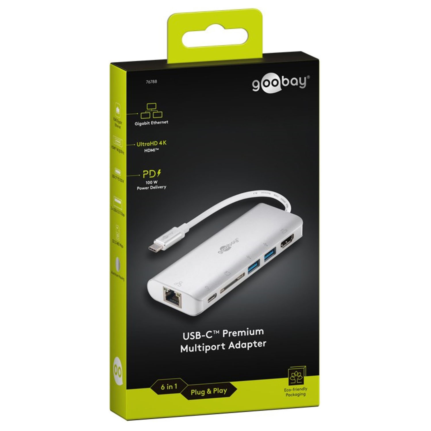 Adattatore multiporta USB-C bianco in scatola, con porte e cavo USB-C.