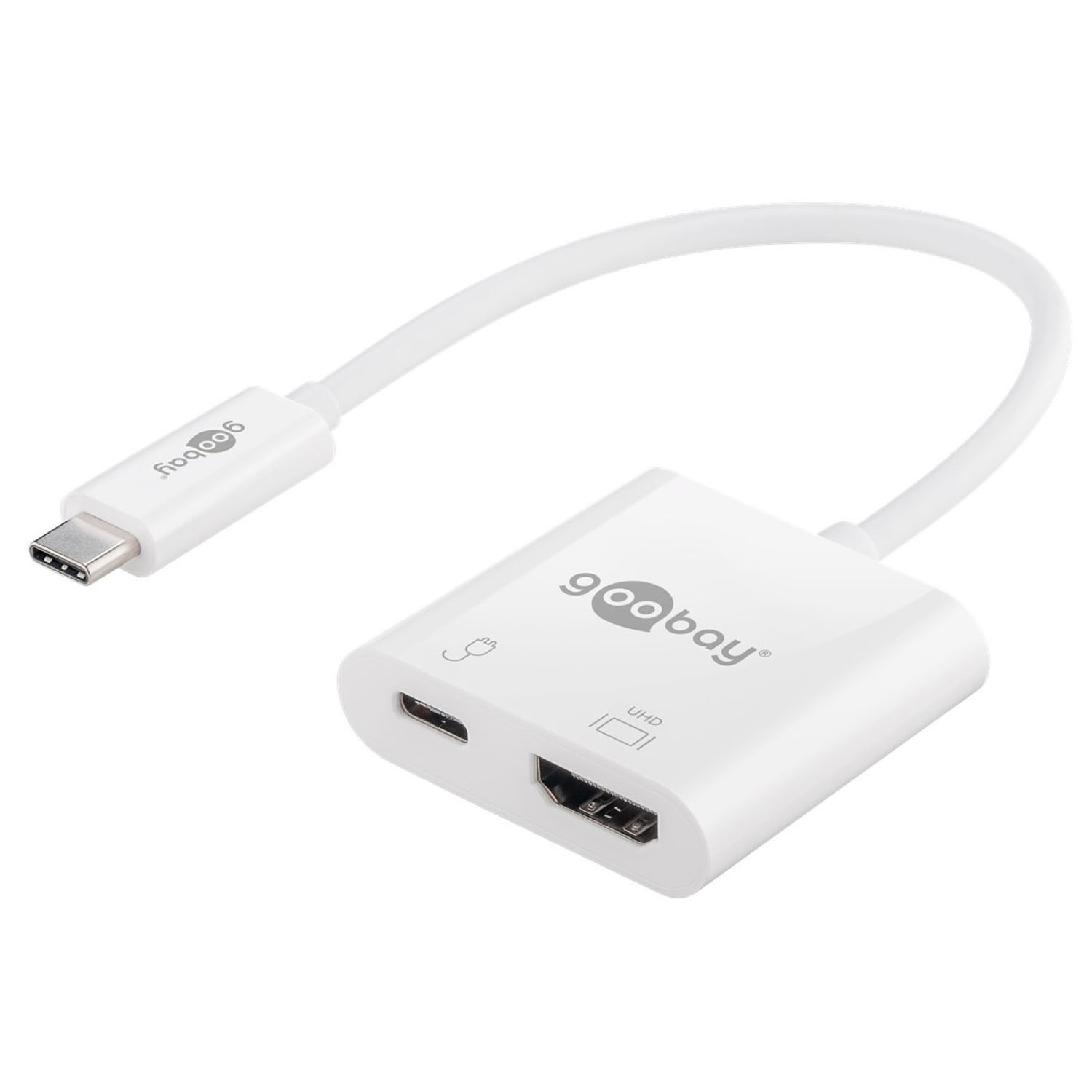 Un adattatore bianco con porte USB-C e HDMI, etichettato con il logo GooDay.