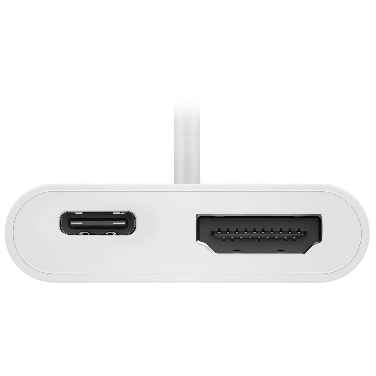 Un adattatore bianco con una porta USB-C e una porta HDMI.