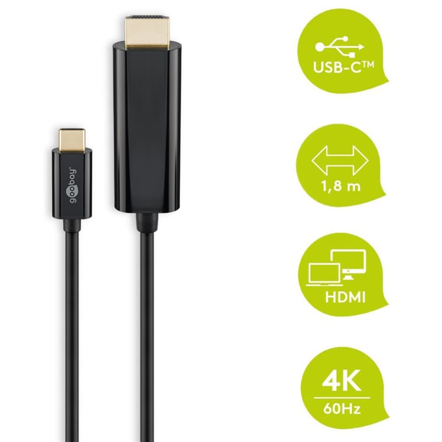 Schwarzes USB-C-zu-HDMI-Kabel. Das Kabel hat an einem Ende einen USB-C-Anschluss und am anderen einen HDMI-Anschluss.