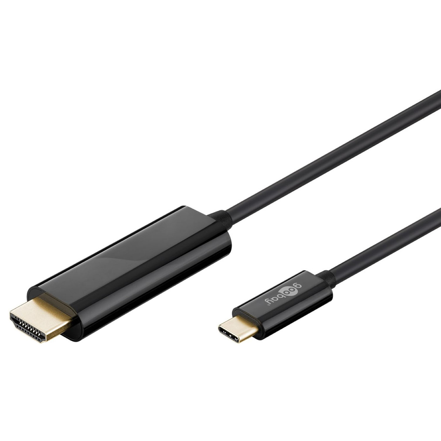 Schwarzes HDMI-zu-USB-C-Kabel mit vergoldeten Steckern auf weißem Hintergrund.