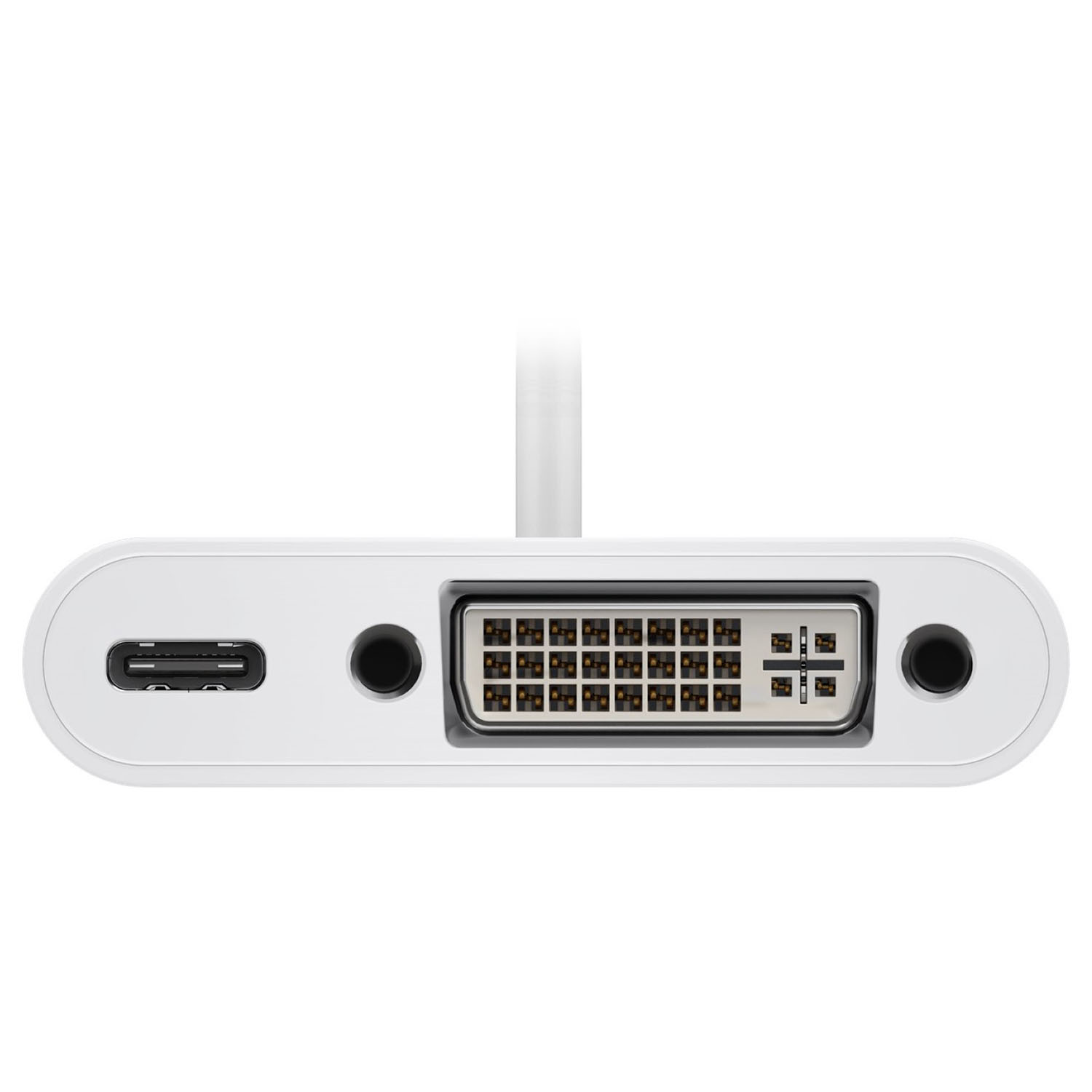 Weißer Adapter mit USB-C, Kopfhöreranschluss und DVI-Anschluss.