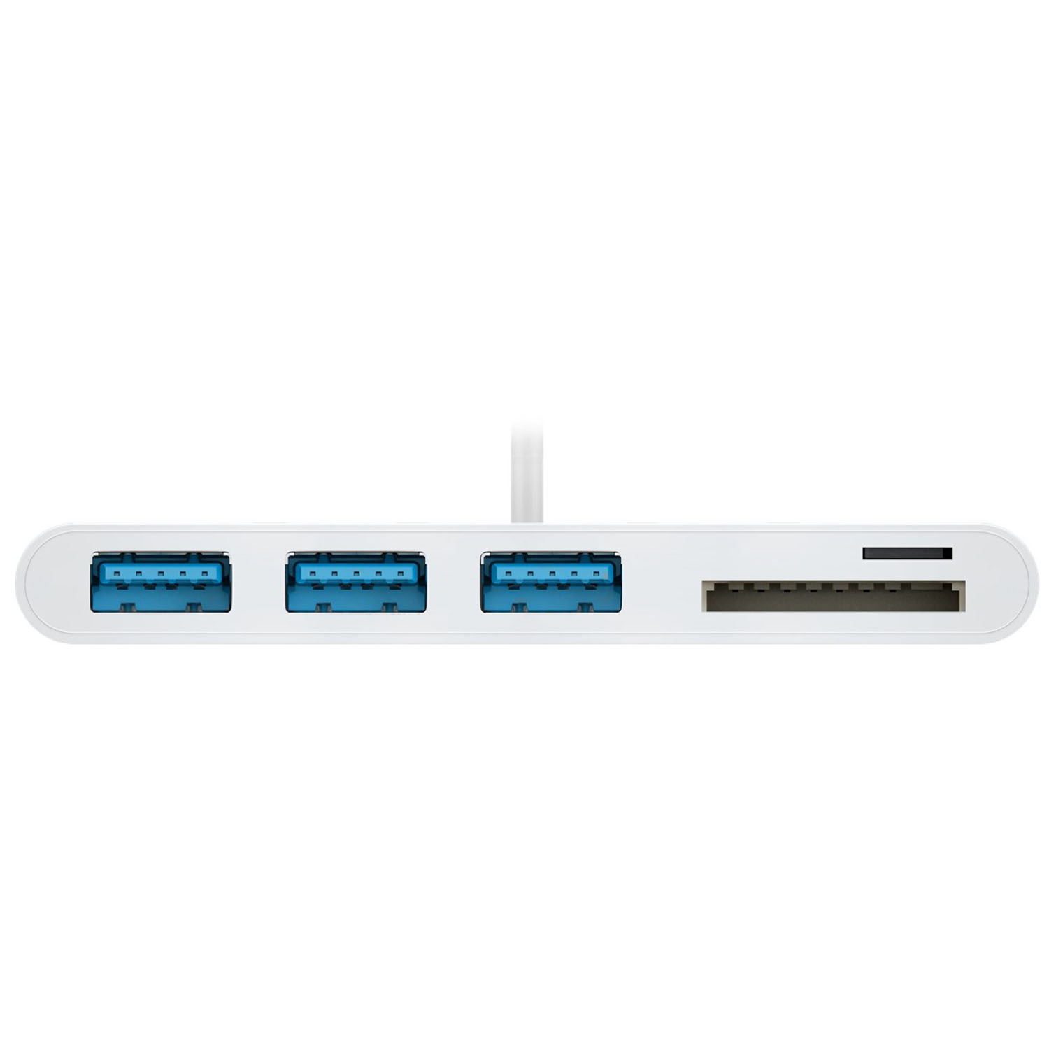 Hub USB bianco con tre porte USB blu e uno slot per una scheda di memoria.