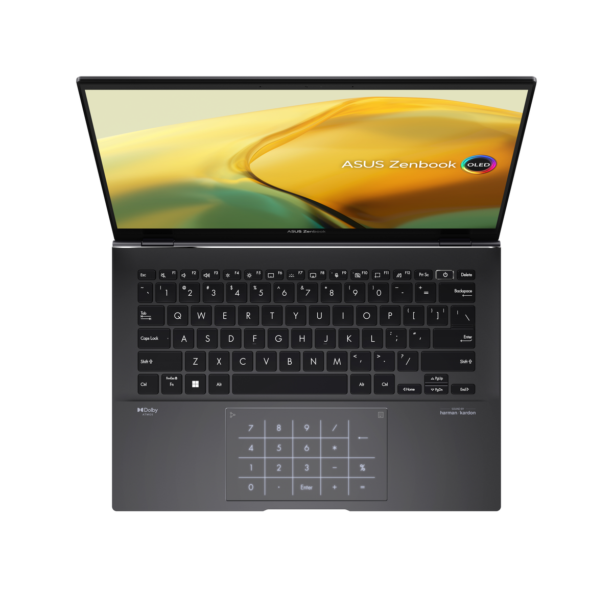 Portátil abierto, teclado visible. Pantalla muestra fondo amarillo y naranja con marca ASUS Zenbook.