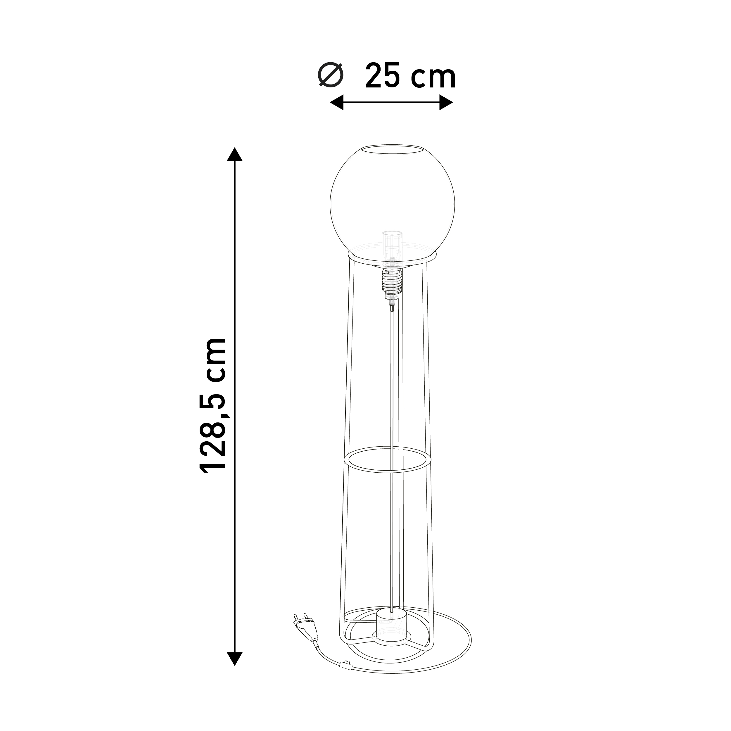Strichzeichnung einer Stehlampe. Sie hat einen runden Glasschirm oben und ein Metallgestell.