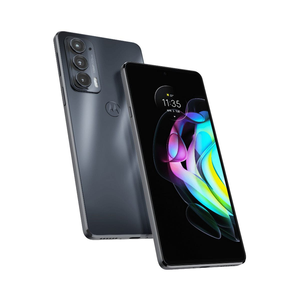 Dwa czarne smartfony, jeden wyświetla kolorowy interfejs, na białym tle.