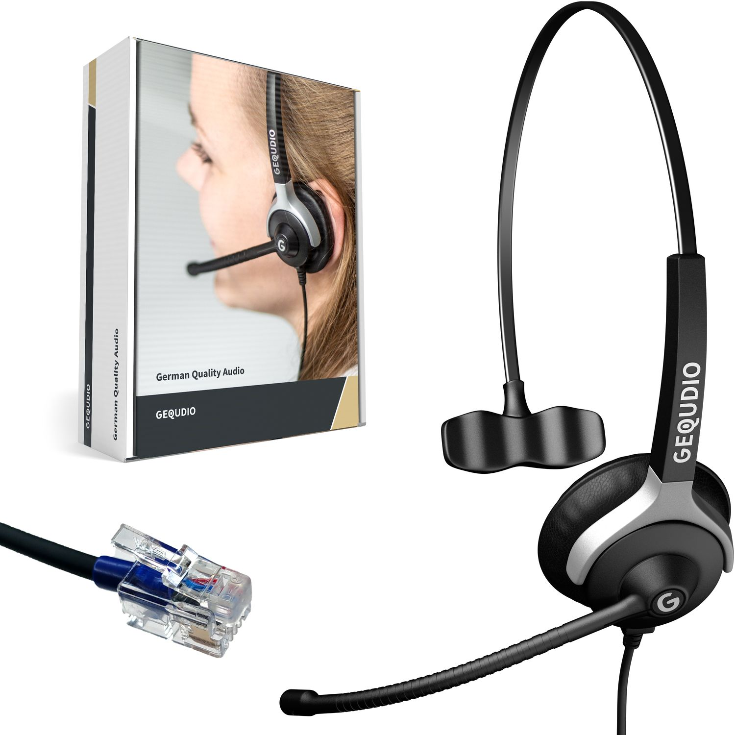 Cuffie e connettore RJ45. Le cuffie hanno un microfono e un padiglione auricolare. La scatola mostra una donna con le cuffie.