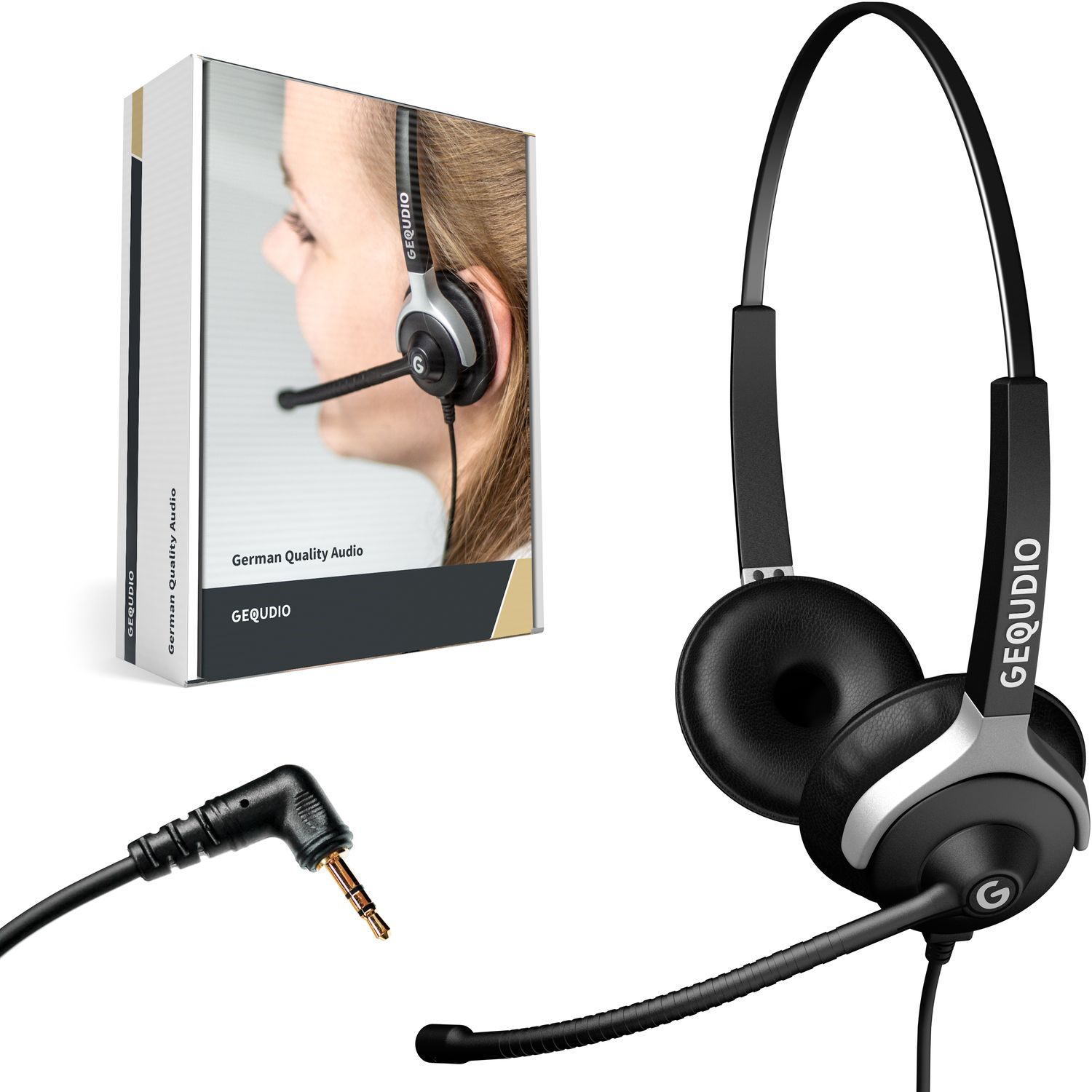 Headset mit schwarzem und silbernem Design. Die Box zeigt eine Frau, die das Headset trägt. Weißer Hintergrund.