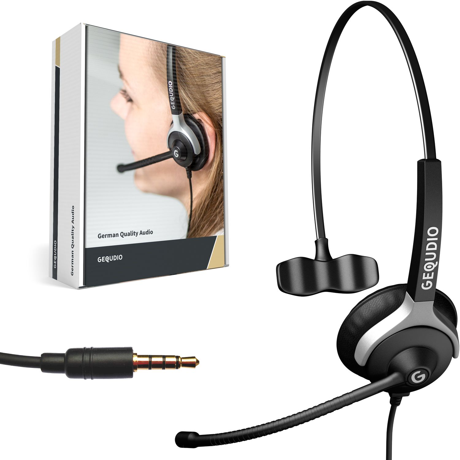 Un auricolare e la sua scatola. L'auricolare è nero e argento, la scatola mostra una donna con un auricolare simile.