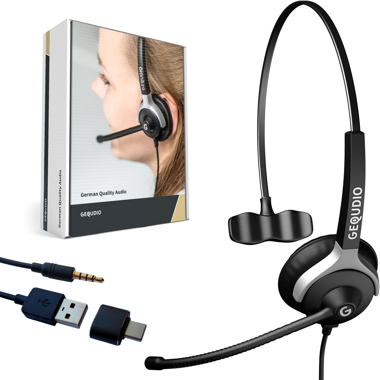 GEQUDIO Headset mit für PC Headset USB MAC, 1-Ohr Schwarz On-ear