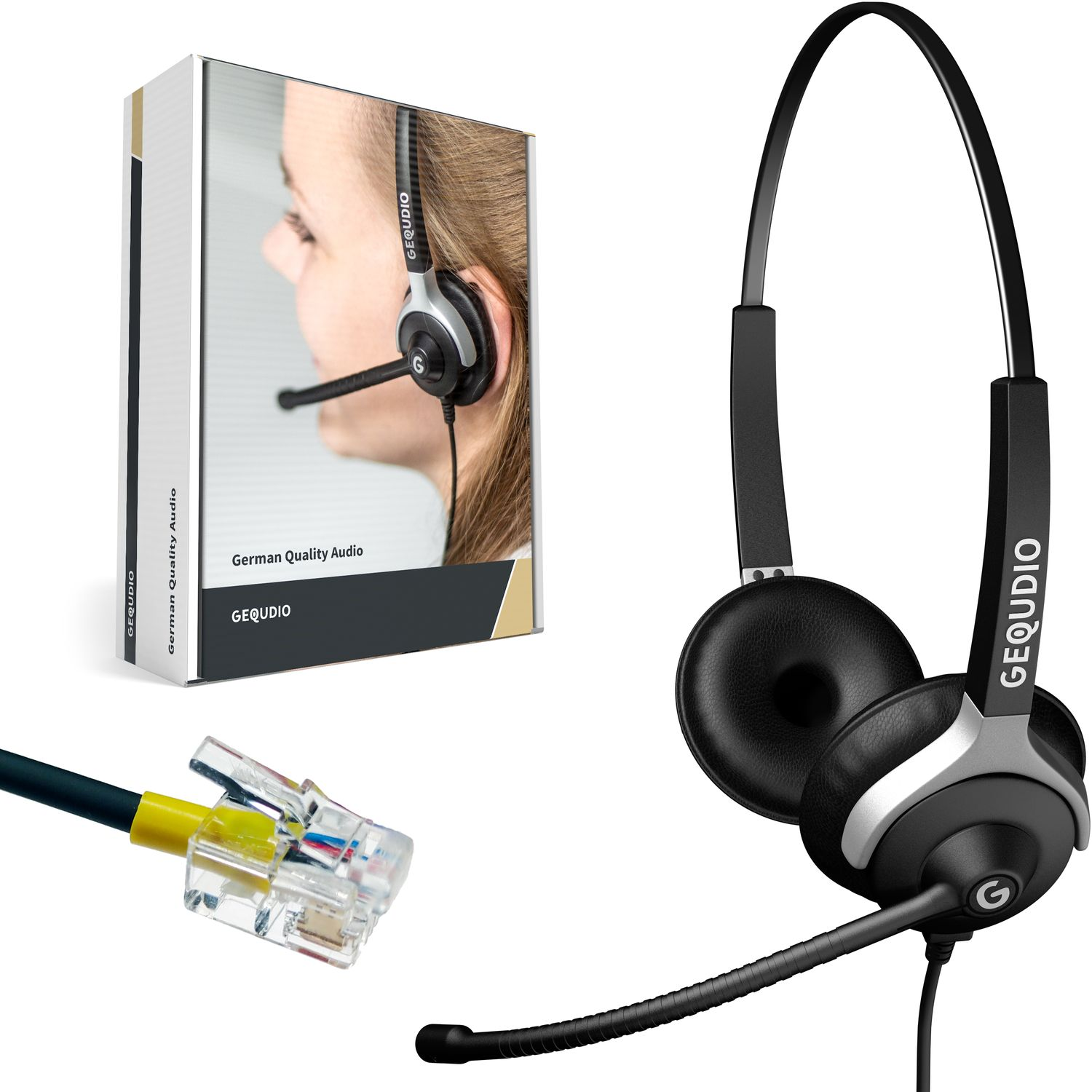 GEQUDIO Headset 2-Ohr für Mitel/Aastra/Poly/Gigaset-RJ mit Kabel, Schwarz Headset On-ear