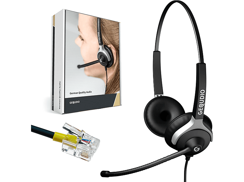 GEQUDIO Headset 2-Ohr für Mitel/Aastra/Poly/Gigaset-RJ mit Kabel, Schwarz Headset On-ear