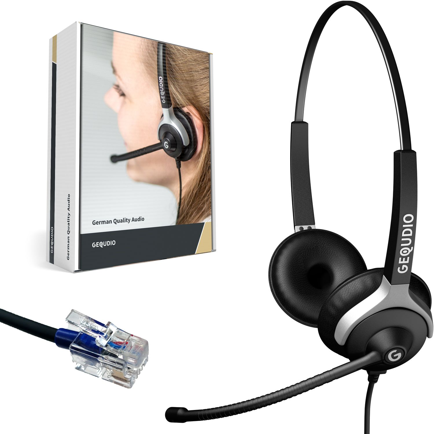 Een headset en een doos met een afbeelding van een persoon die de headset draagt. Witte achtergrond.