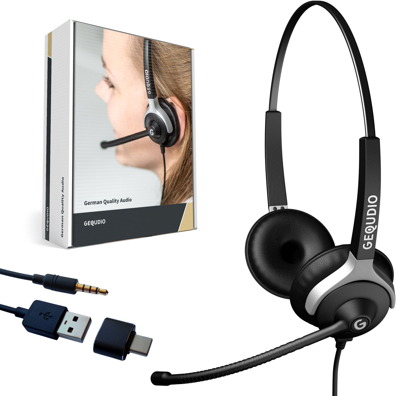 GEQUDIO Headset 2-Ohr mit für USB PC MAC, Schwarz On-ear Headset