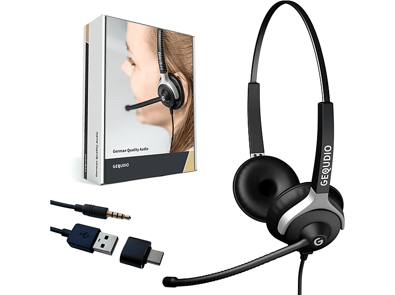 GEQUDIO Headset 2-Ohr mit USB für PC MAC, On-ear Headset Schwarz