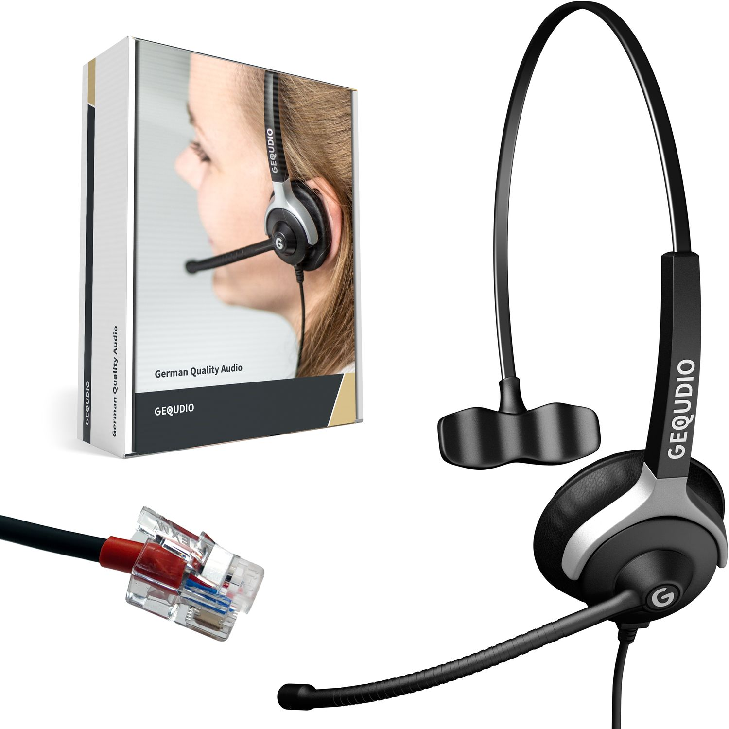 Headset und Box. Das Headset ist schwarz und silber, mit einem roten und transparenten Stecker.
