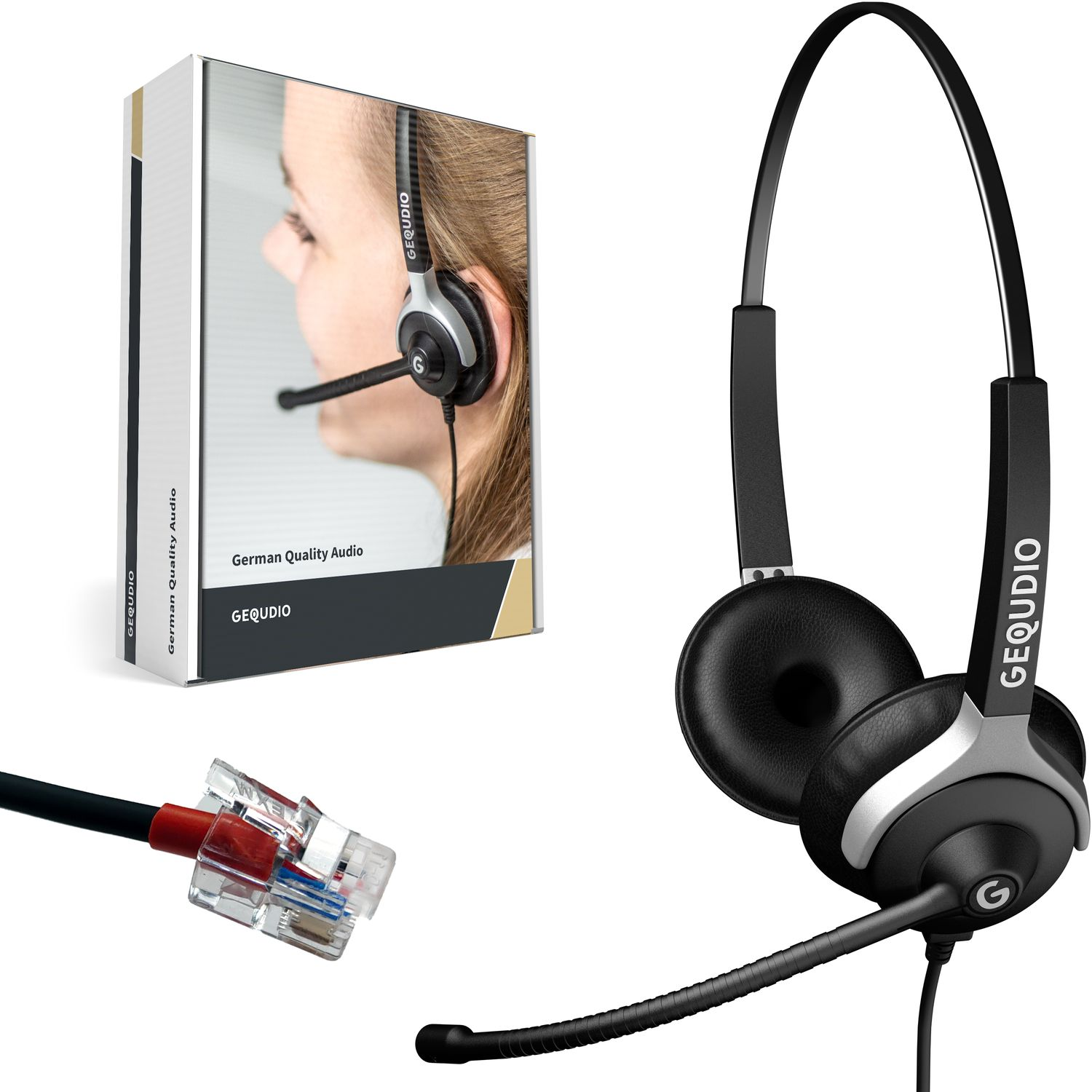 Cuffie con microfono e una scatola con una donna che indossa le cuffie. Viene mostrato un connettore RJ45.