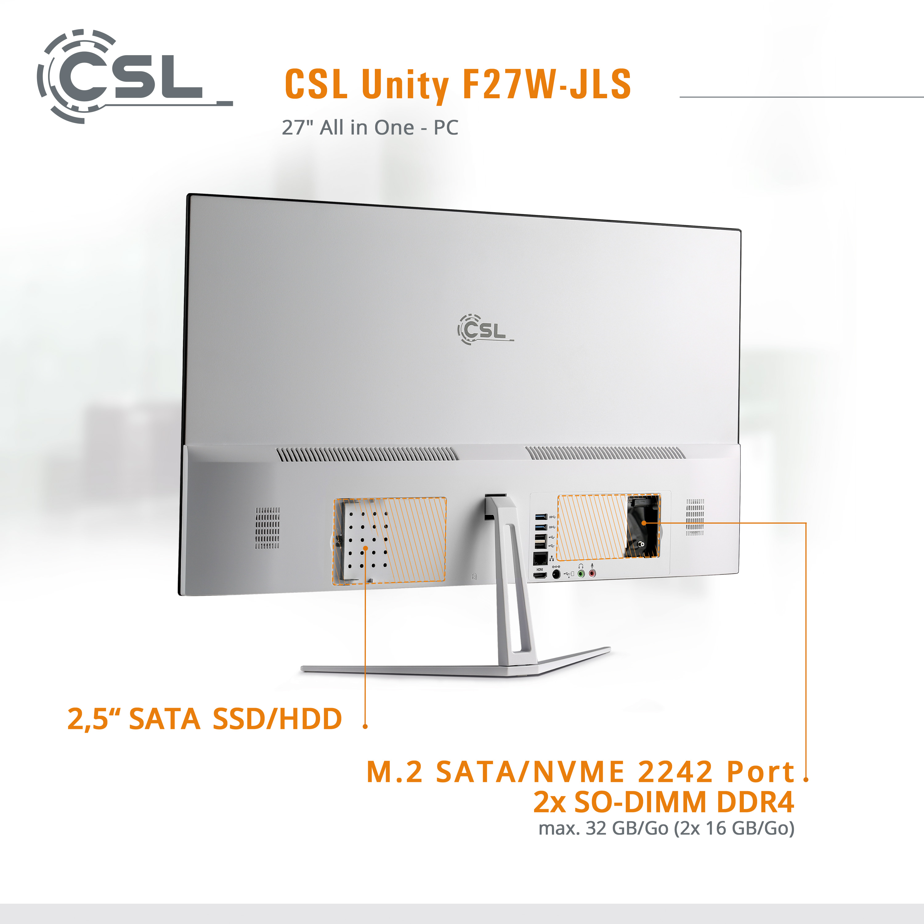 CSL Unity Graphics, GB weiß Intel® GB 256 8 Zoll 256 GB GB mit / 27 SSD, 8 UHD F27W-JLS / Pro, 11 All-in-One-PC / Win RAM, Display, RAM