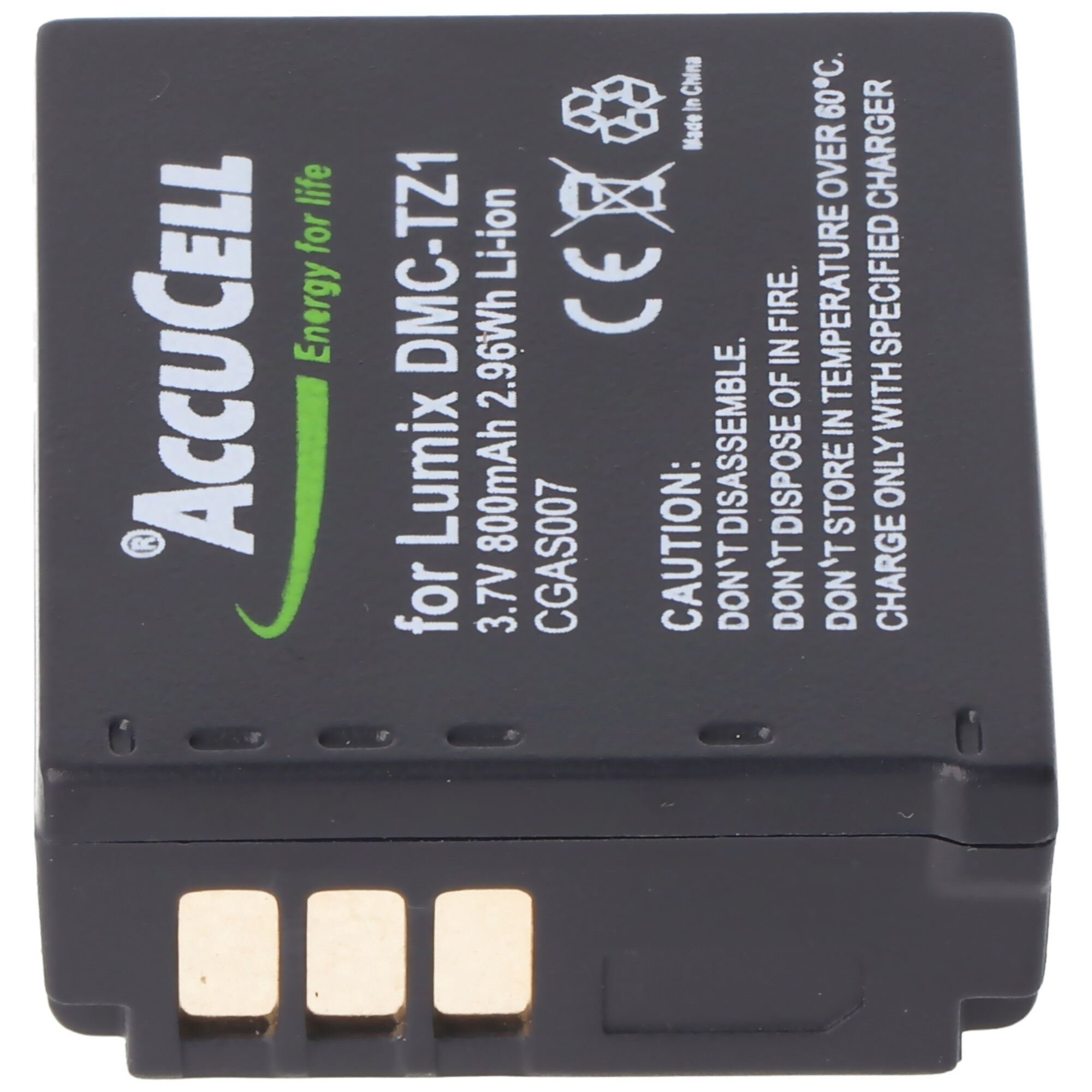 Beyaz metinli siyah pil: AccuCell, Lumix DMC-TZ1 için, 3.7V 800mAh 2.96Wh Li-ion.