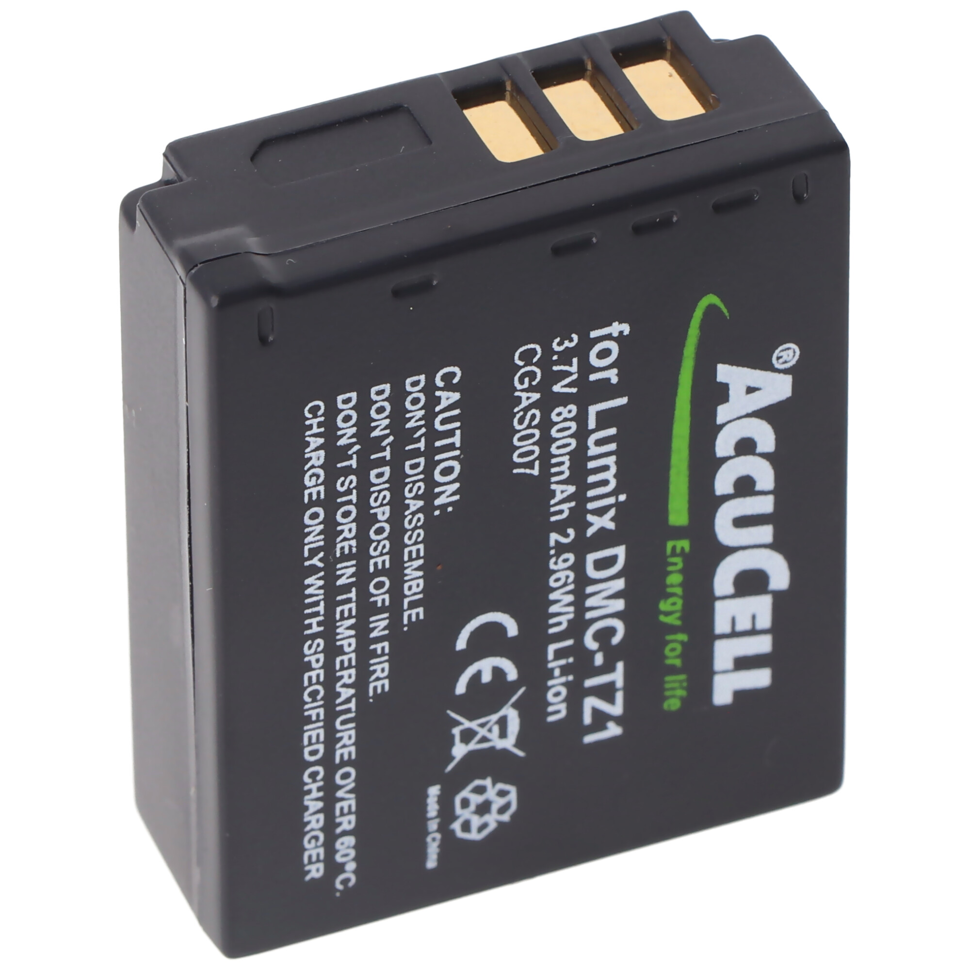 Beyaz metinli siyah pil. Metin 3.7V 800mAh ve Accucell'den bahsediyor.
