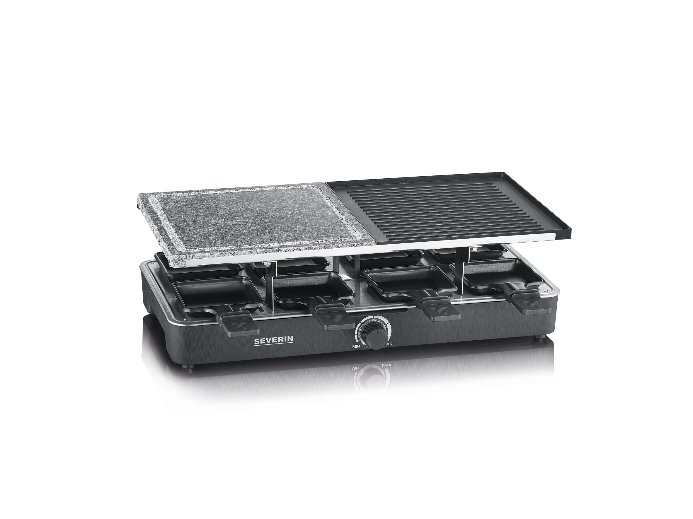 Griglia per raclette con due superfici di cottura, una in pietra e una a griglia.