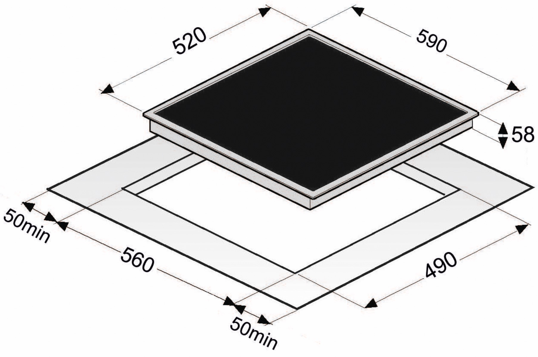 Diagrama que muestra las dimensiones de una placa de inducción cuadrada y su recorte.