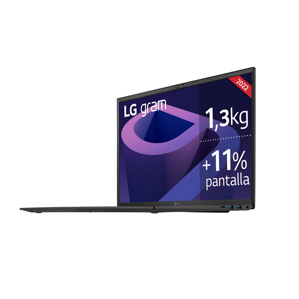 Un portátil LG Gram negro abierto en ángulo, mostrando estadísticas en la pantalla.
