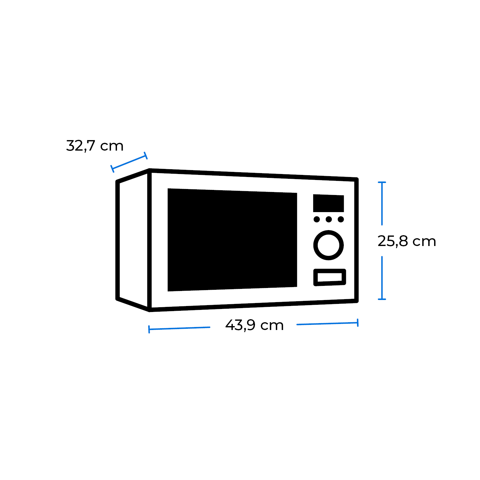 Eine schwarz-weiße Strichzeichnung einer Mikrowelle mit den Maßen 43,9 cm, 32,7 cm und 25,8 cm.