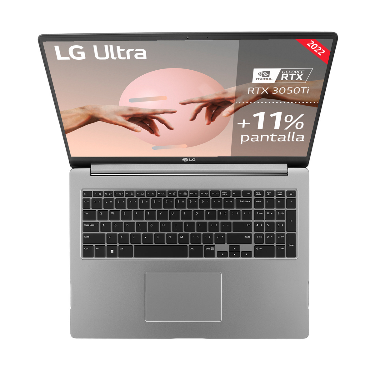 Portátil LG Ultra, abierto, mostrando el teclado y la pantalla con gráficos y texto. Fondo blanco.