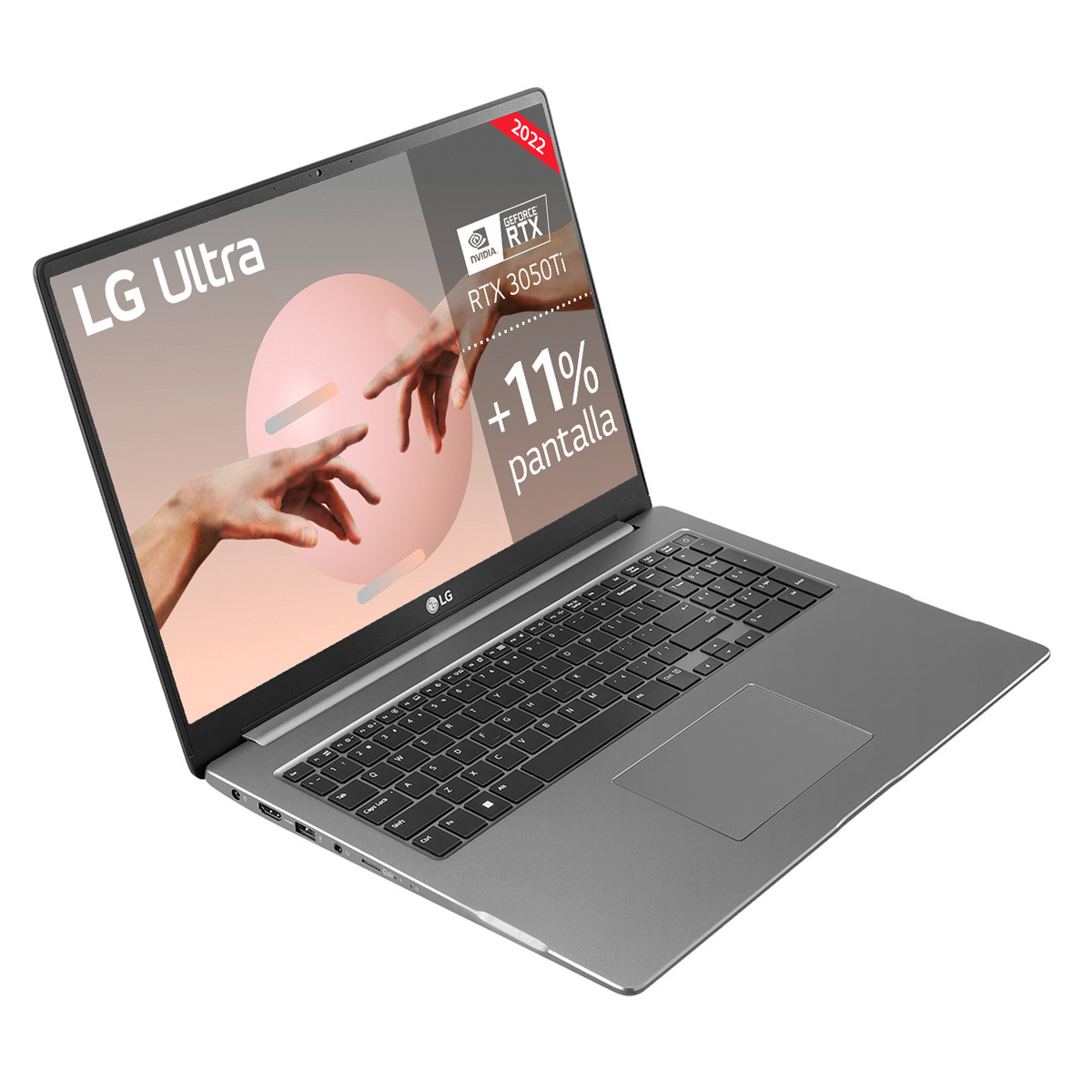 Laptop LG Ultra abierto, mostrando pantalla con manos, sobre fondo blanco con texto.
