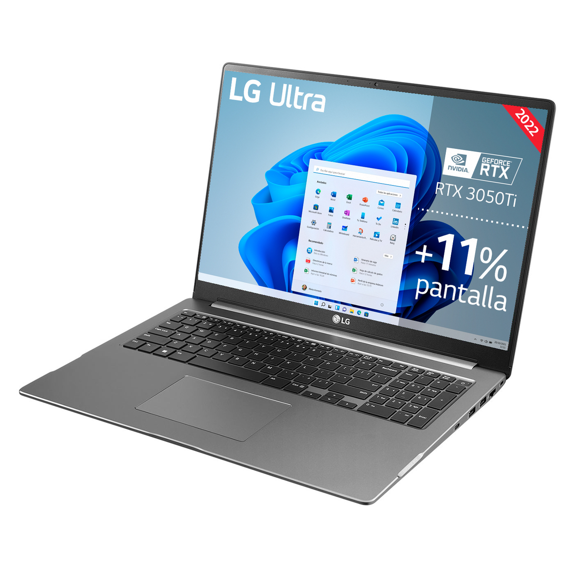 Portátil con pantalla mostrando interfaz Windows, teclado y panel táctil.