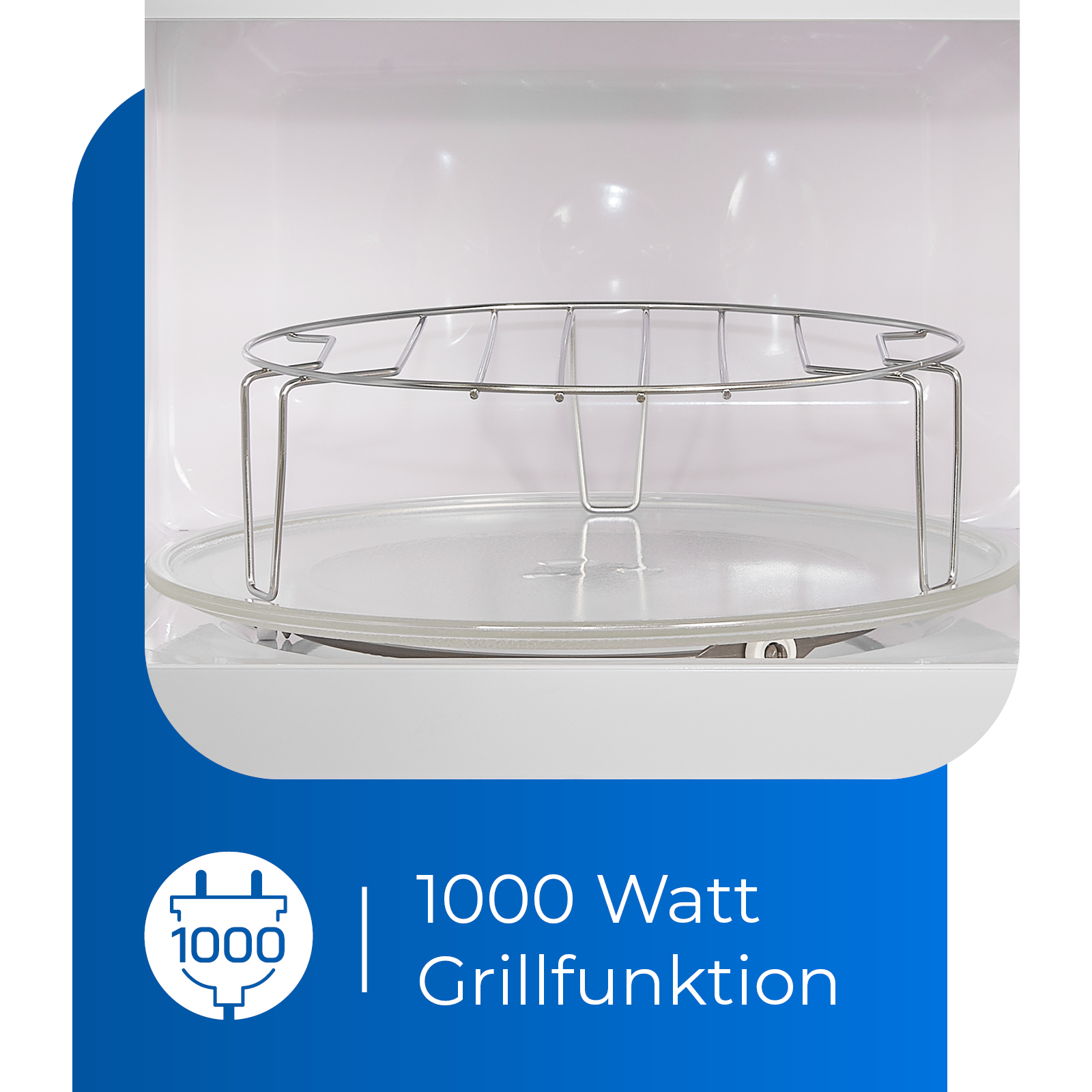 Im Mikrowellenofen. Eine Glasplatte und ein Metallgestell sind sichtbar. Text: 1000 Watt Grillfunktion.