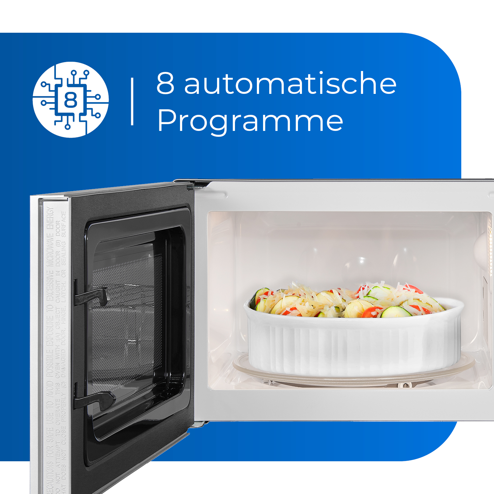 Offene Mikrowelle mit Essen darin. Der Text lautet: "8 automatische Programme".