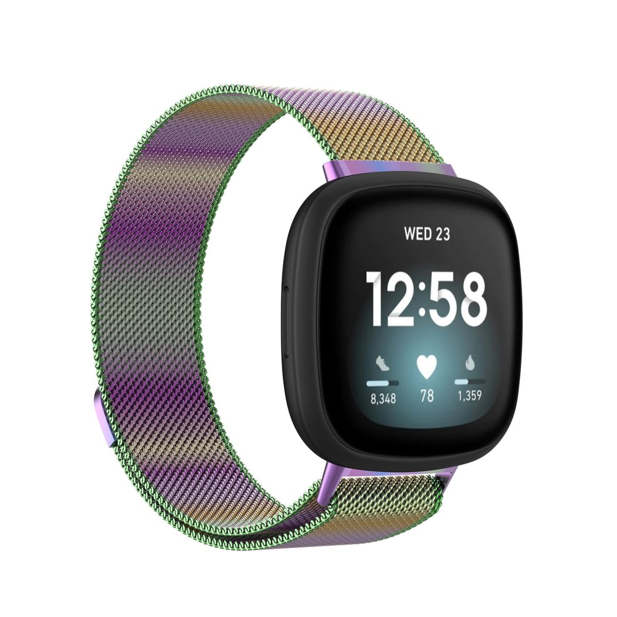 Smartwatch mit schwarzem Display, zeigt Zeit, Herzfrequenz, Schritte, mit lila-grünem Band.