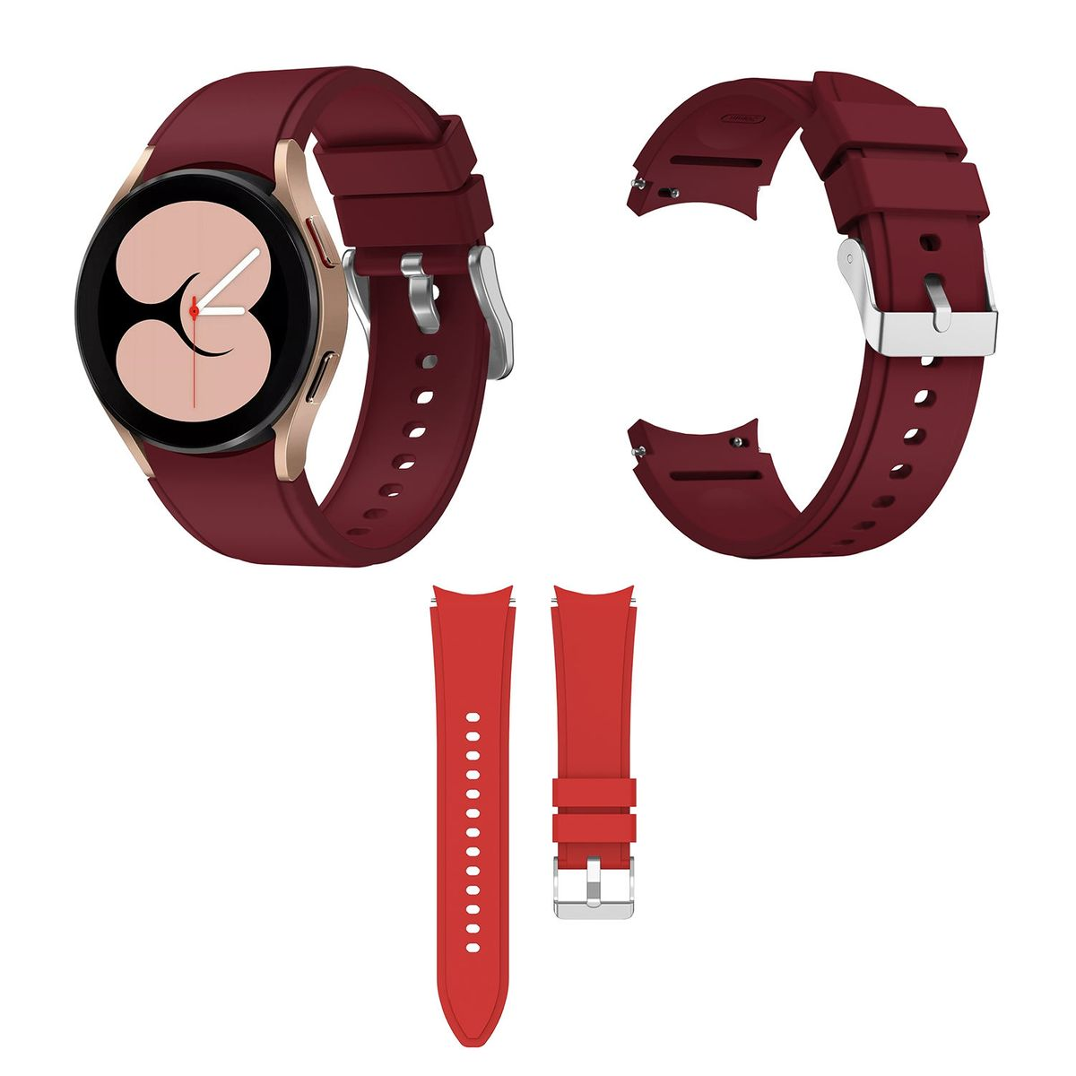 Smartwatch mit bordeauxfarbenem Armband, abgetrennten Armbandteilen und einem roten Ersatzarmband. Weißer Hintergrund.