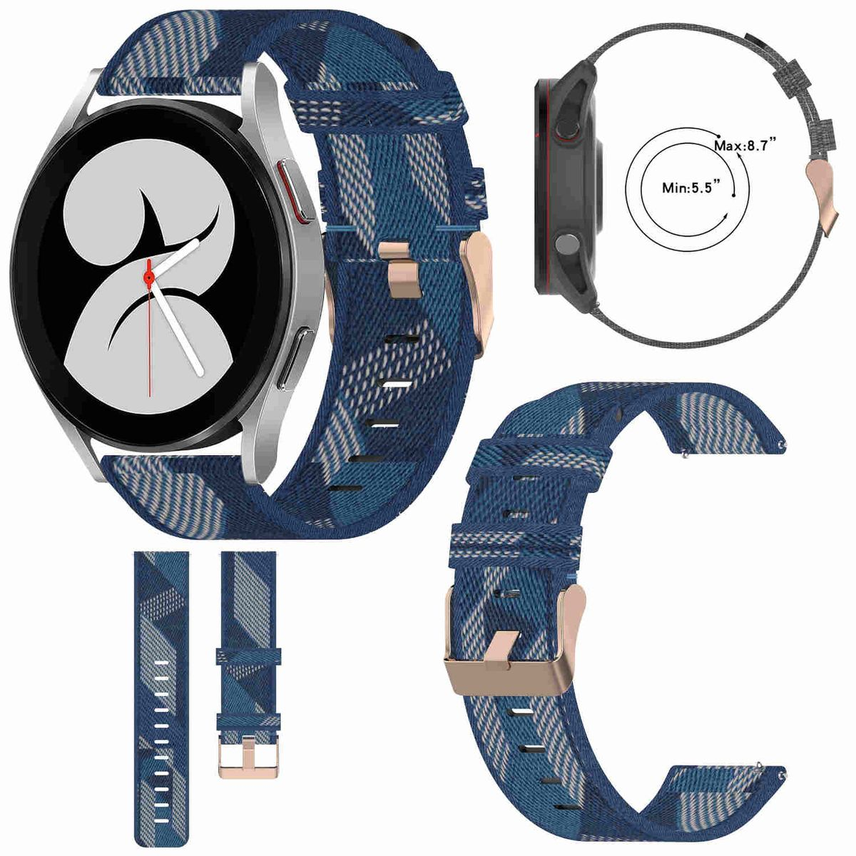 Smartwatch mit blauem Karomuster-Armband, Detailaufnahmen, schwarzes Zifferblatt mit weißen Zahlen.