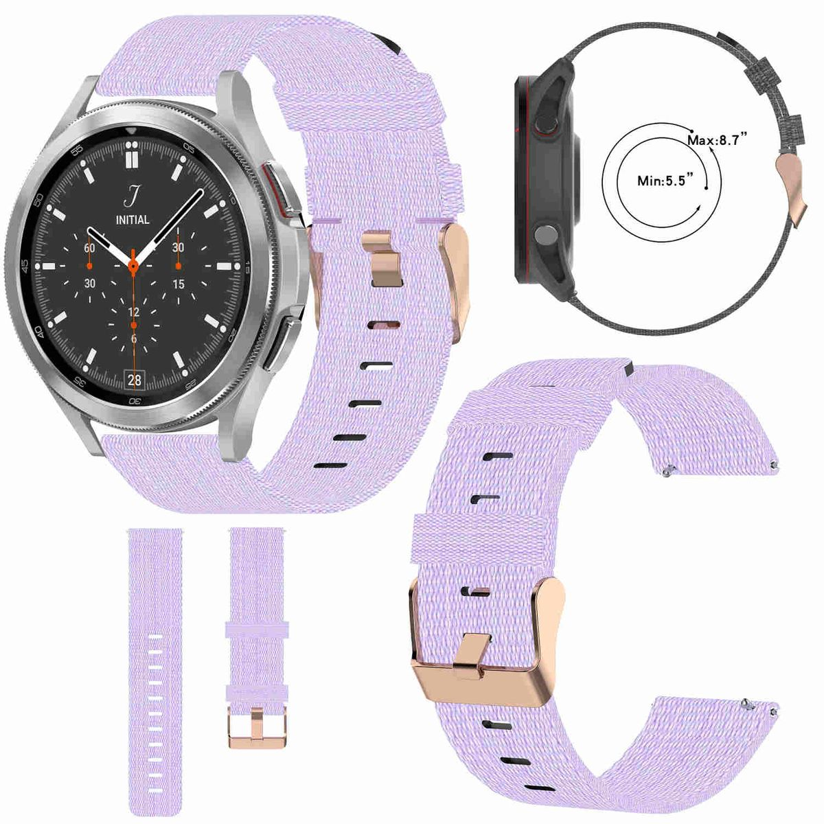 Lavendelfarbenes Uhrenarmband und Uhr mit roségoldenen Details.