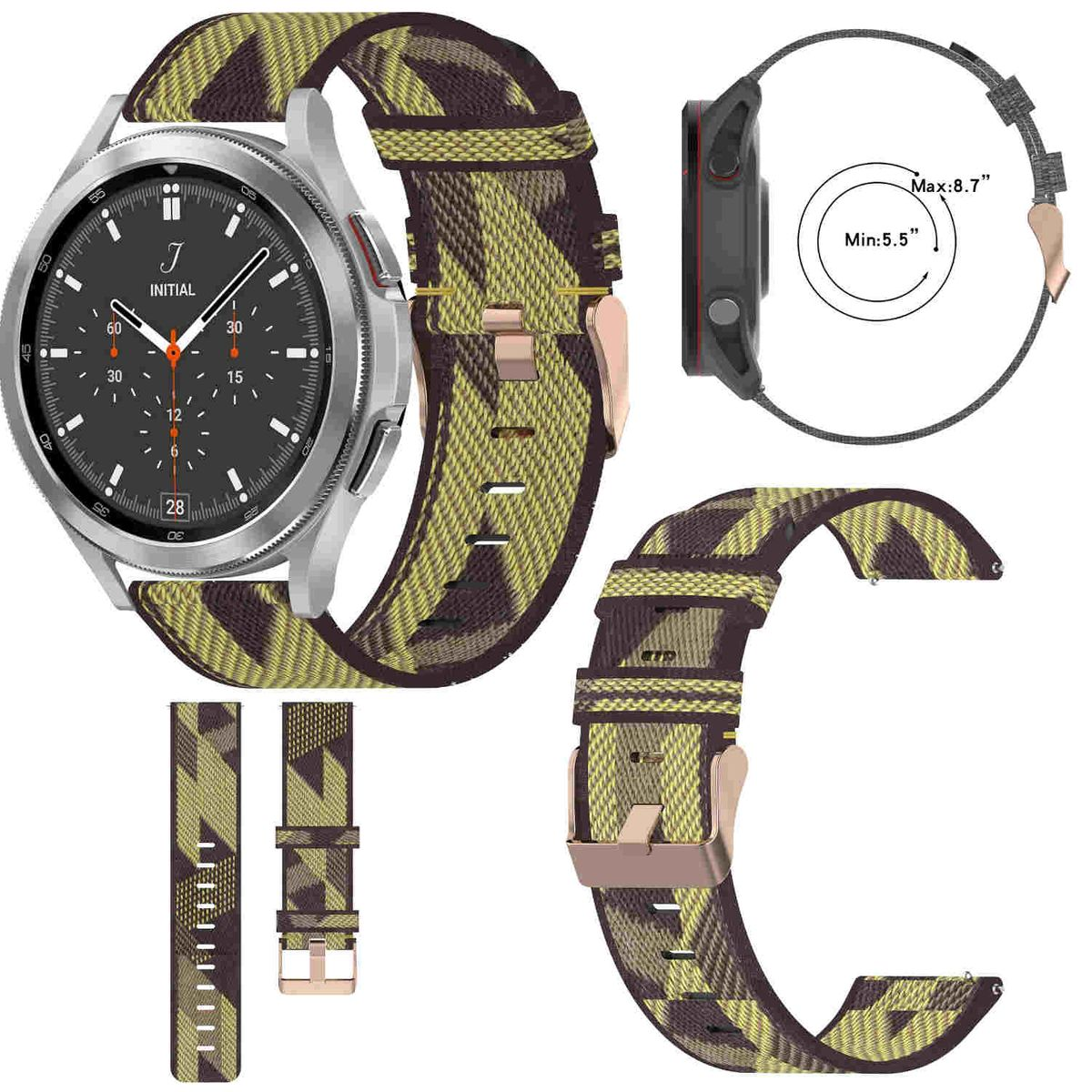 Eine Uhr mit einem grünen Camo-Armband, anderen Uhrenarmbändern und einer Seitenansicht der Uhr mit Größenangaben.