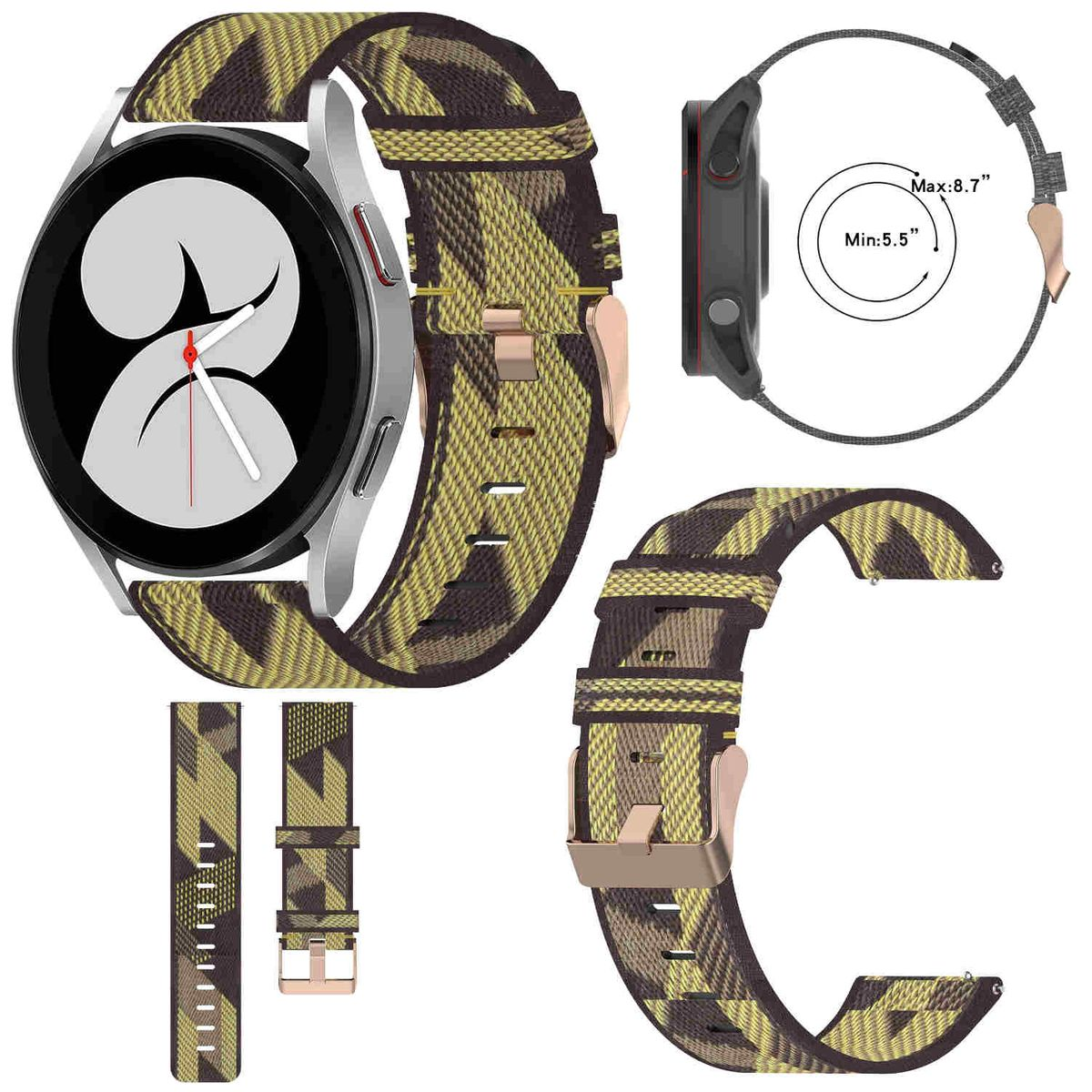 Uhr mit olivgrün-braunem Camouflage-Armband, mit silbernem Gehäuse und Seitenansicht mit Bandabmessungen.