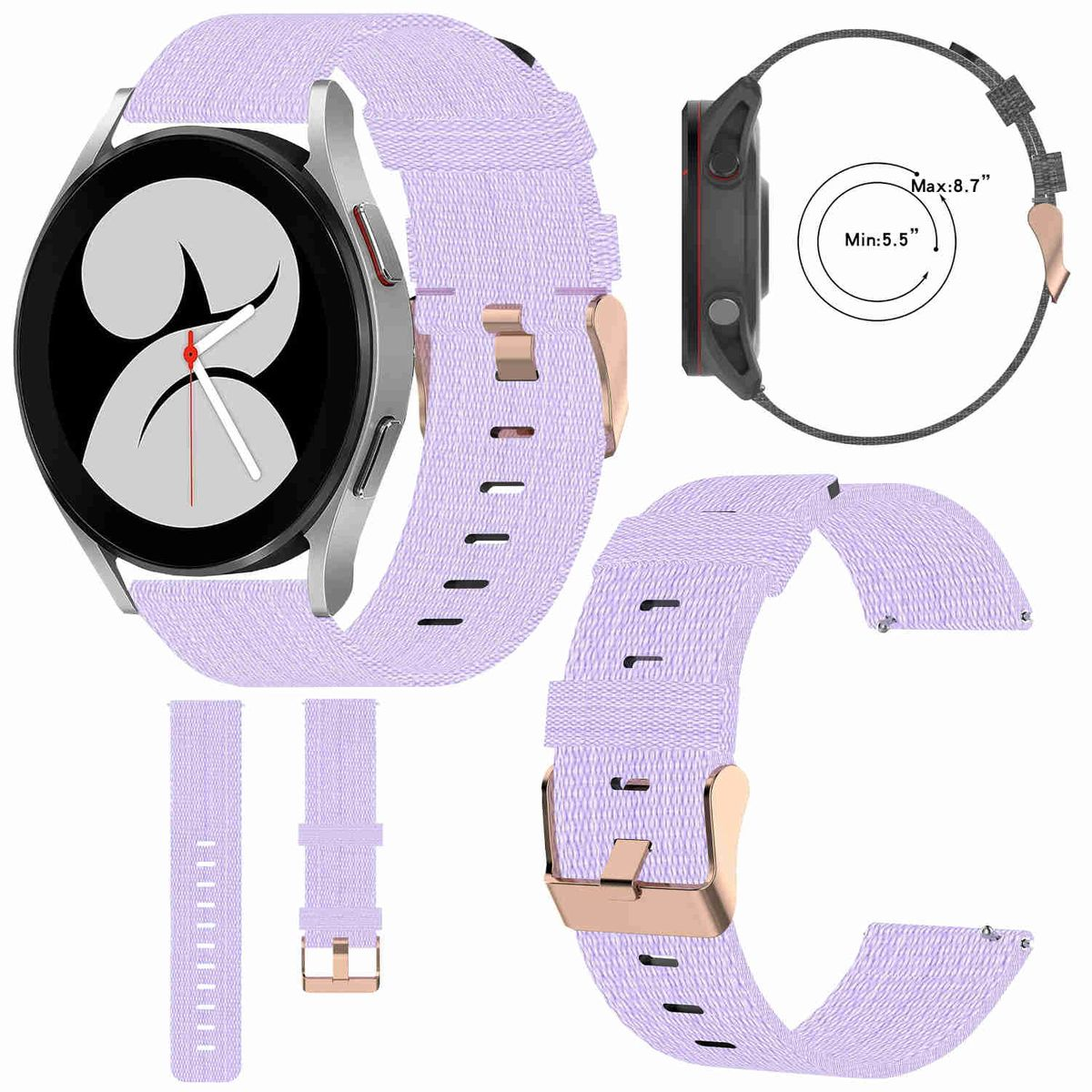 Smartwatch mit Lavendel-Armband und zusätzlichen Armbändern, Metallschnalle und Uhrendetails.
