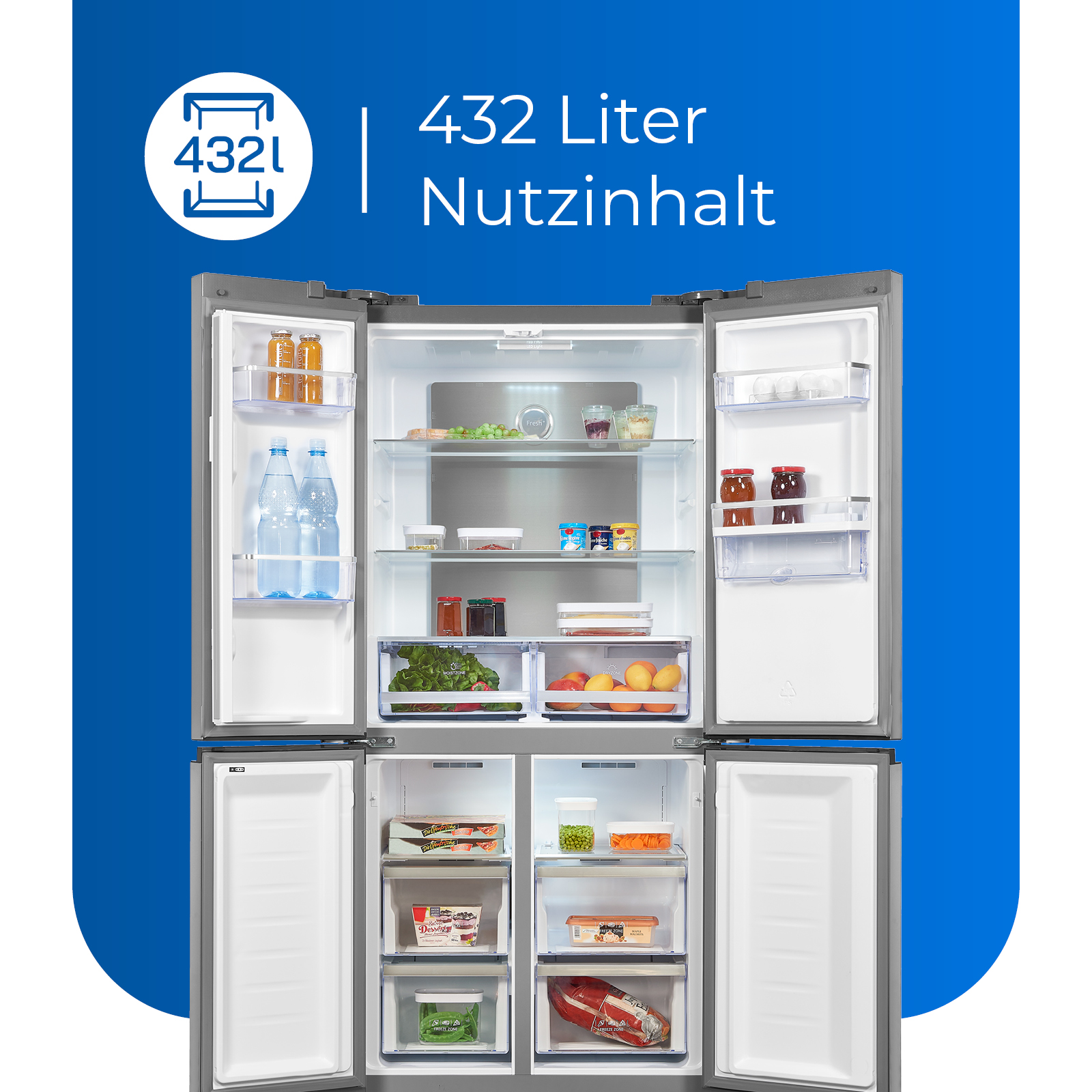 Ein Kühlschrank mit geöffneten Türen, der Innenraum mit Lebensmitteln und Regalen zeigt, auf blauem Hintergrund.